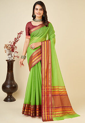 Woven Kota Doria Saree in Light Green