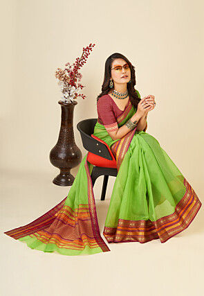 Woven Kota Doria Saree in Light Green