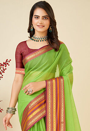 Woven Kota Doria Saree in Light Green