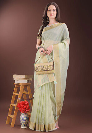 Woven Kota Doria Saree in Light Green