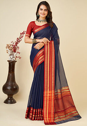 Woven Kota Doria Saree in Navy Blue