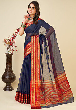 Woven Kota Doria Saree in Navy Blue