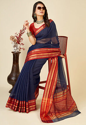 Woven Kota Doria Saree in Navy Blue