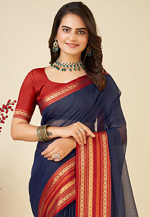 Woven Kota Doria Saree in Navy Blue