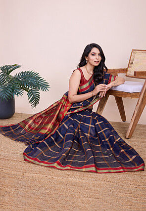 Woven Kota Doria Saree in Navy Blue
