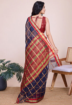Woven Kota Doria Saree in Navy Blue
