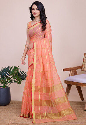 Woven Kota Doria Saree in Orange