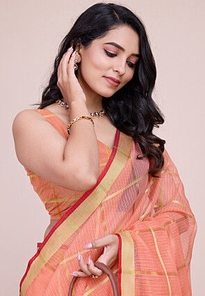 Woven Kota Doria Saree in Orange