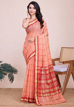 Woven Kota Doria Saree in Peach