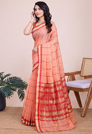Woven Kota Doria Saree in Peach