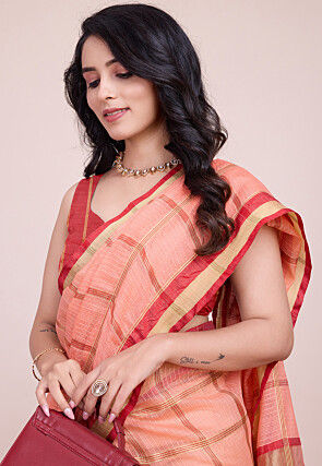Woven Kota Doria Saree in Peach