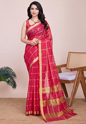 Woven Kota Doria Saree in Pink