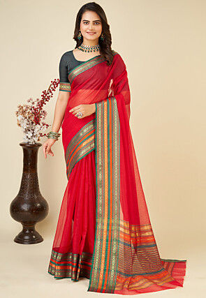 Woven Kota Doria Saree in Red