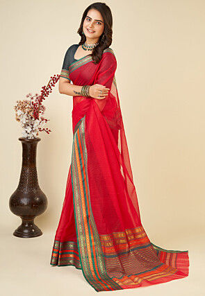 Woven Kota Doria Saree in Red