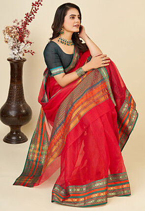Woven Kota Doria Saree in Red