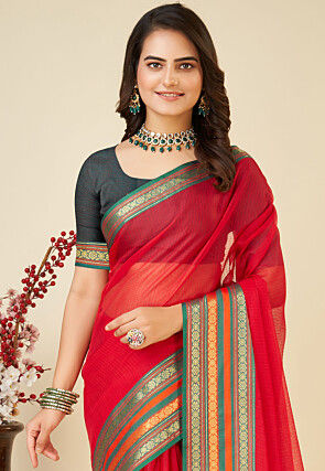 Woven Kota Doria Saree in Red
