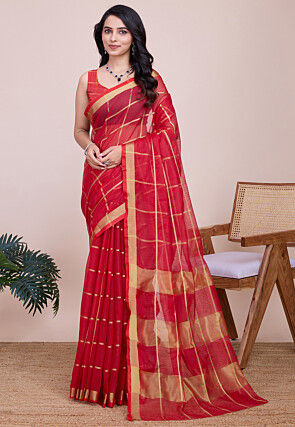 Woven Kota Doria Saree in Red