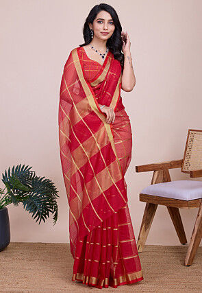 Woven Kota Doria Saree in Red