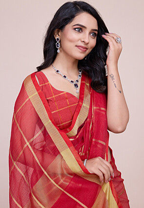 Woven Kota Doria Saree in Red
