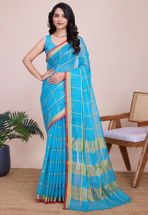 Woven Kota Doria Saree in Sky Blue