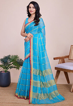 Woven Kota Doria Saree in Sky Blue