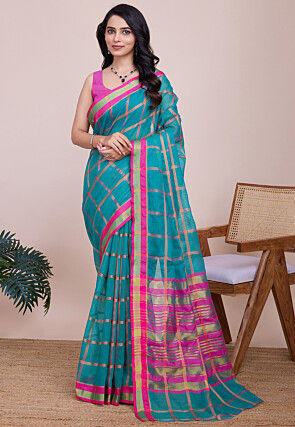 Woven Kota Doria Saree in Teal Blue