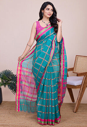 Woven Kota Doria Saree in Teal Blue