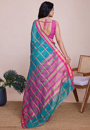 Woven Kota Doria Saree in Teal Blue