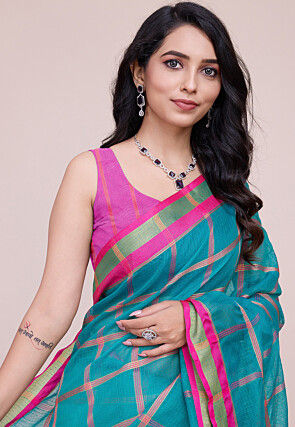 Woven Kota Doria Saree in Teal Blue