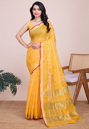 Woven Kota Doria Saree in Yellow