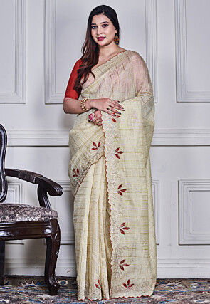 Woven Kota Silk Scalloped Saree in Off White