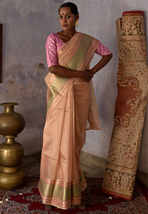 Woven Kota Silk Saree in Peach