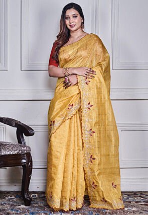 Woven Kota Silk Scalloped Saree in Yellow
