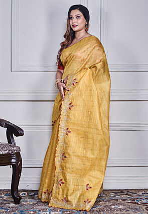 Woven Kota Silk Scalloped Saree in Yellow
