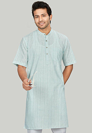 Woven Linen Cotton Kurta in Light Sea Green