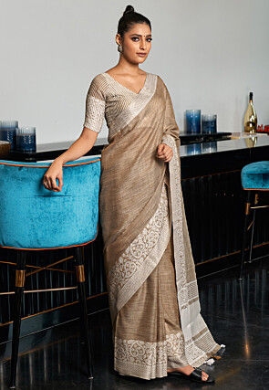 Woven Linen Cotton Saree in Beige