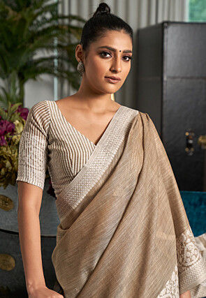Woven Linen Cotton Saree in Beige