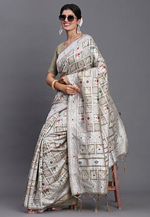 Woven Linen Cotton Saree in Beige