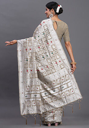 Woven Linen Cotton Saree in Beige
