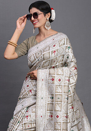 Woven Linen Cotton Saree in Beige