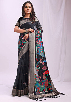 Woven Linen Cotton Saree in Black