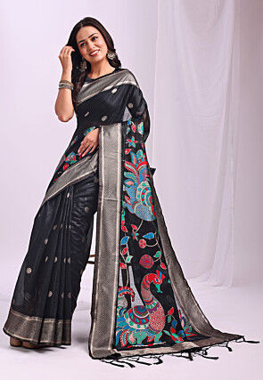 Woven Linen Cotton Saree in Black