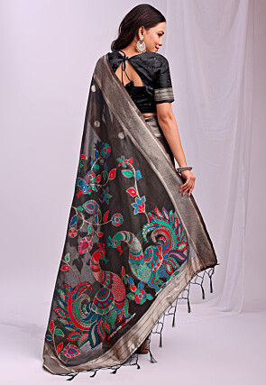 Woven Linen Cotton Saree in Black