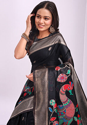 Woven Linen Cotton Saree in Black