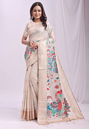 Woven Linen Cotton Saree in Cream