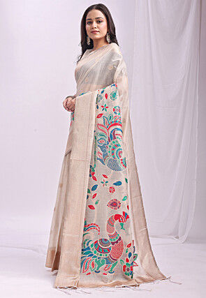 Woven Linen Cotton Saree in Cream