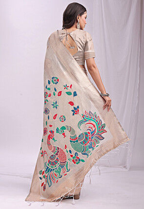 Woven Linen Cotton Saree in Cream