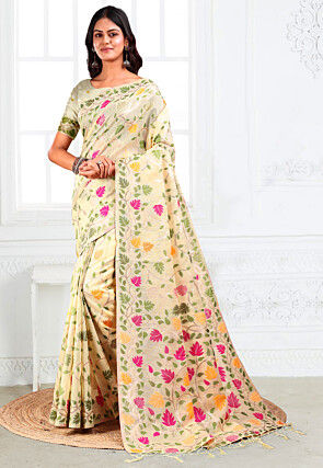 Woven Linen Cotton Saree in Cream