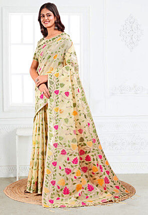 Woven Linen Cotton Saree in Cream