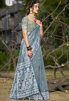 Woven Linen Cotton Saree in Dusty Blue